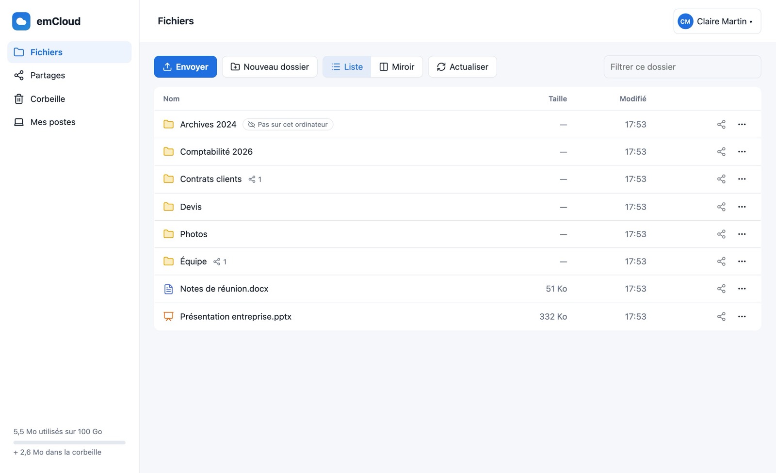 L'explorateur emCloud : fichiers, partages et dossiers de l'entreprise